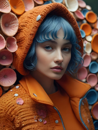 Fashion portrait of a beautiful girl with blue hair in an orange coatの素材