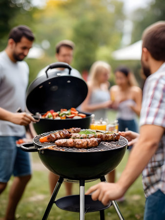 happy friends with bbq grill at summer picnic in park outdoorsの素材