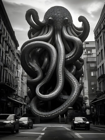 Octopus sculpture in London, UK. Black and white image.の素材
