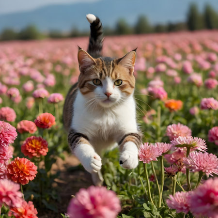 cute cat in pink flower field in summer sunny day, petの素材