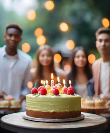 Birthday cake with candles and blurred group of friends in the backgroundの素材