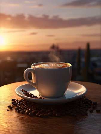 Cup of cappuccino with coffee beans on the background of the sunsetの素材