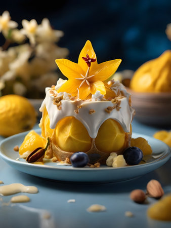 Lemon cake with whipped cream and fresh fruits on a blue backgroundの素材