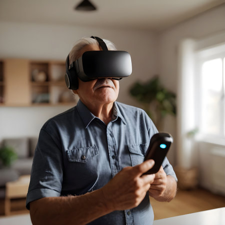 Elderly man wearing virtual reality goggles and playing video games at homeの素材