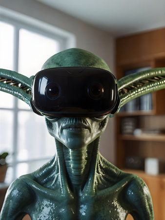 Futuristic woman wearing virtual reality goggles in a modern office.の素材