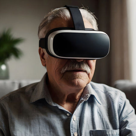 Elderly man wearing virtual reality goggles watching movies or playing video gamesの素材