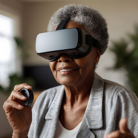 Smiling african american senior woman using virtual reality headset at homeの素材
