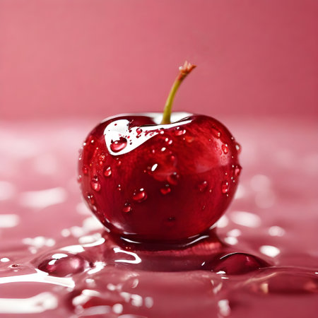 Cherry with water drops on a pink background. Shallow dof.の素材