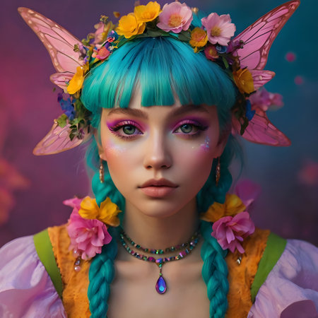 Portrait of a beautiful girl with blue hair and flowers in her hair.の素材