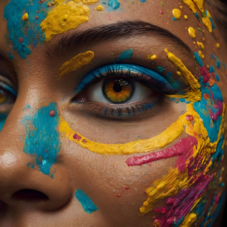 Close-up portrait of a beautiful girl with multicolored makeupの素材