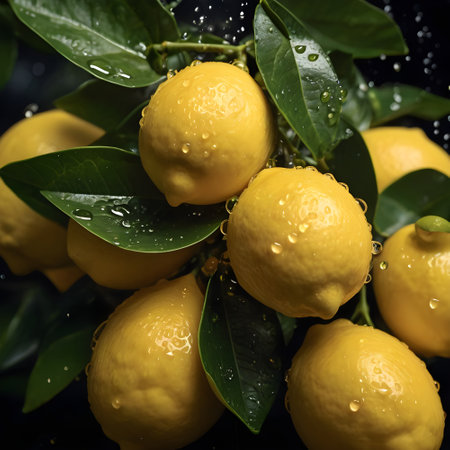 Lemons with water drops on a branch in the garden.の素材