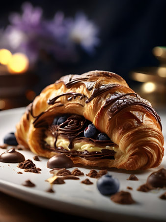 Tasty croissant with chocolate and berries on plate, closeupの素材