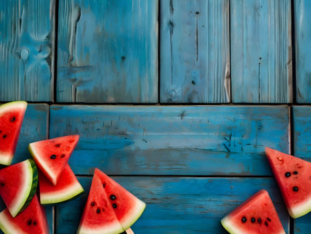 Slices of watermelon on blue wooden background. Top viewの素材