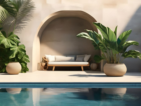 Swimming pool and sunbeds with pillows. 3d renderingの素材