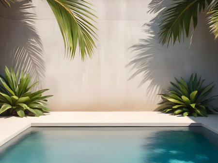 Swimming pool with palm leaves on white wall. 3D renderingの素材