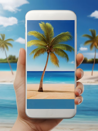 travel concept - hand holding smartphone with palm tree on the beach backgroundの素材
