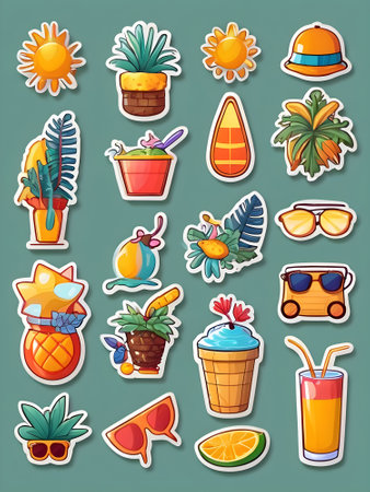 Set of summer stickers with pineapple, sunglasses, cocktail and other tropical elements.の素材