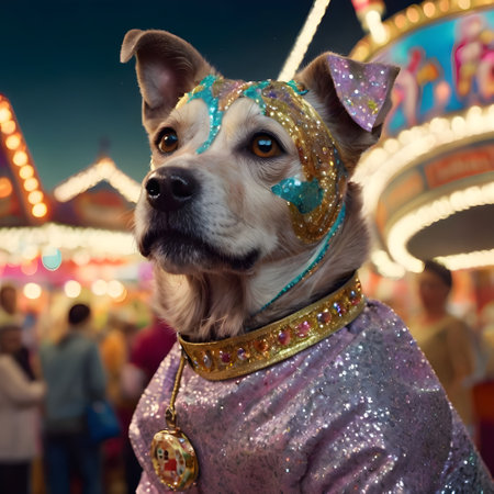 Dog in a carnival mask on the background of the carouselの素材