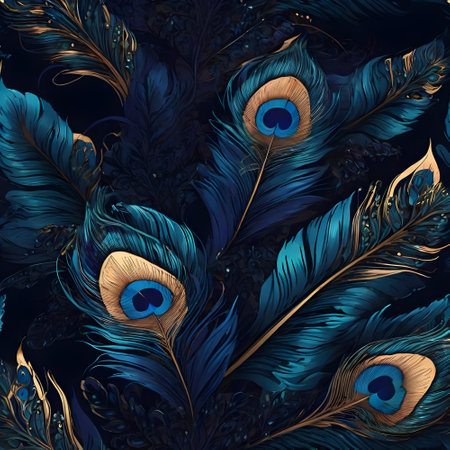 Seamless pattern with peacock feathers on dark blue background.の素材