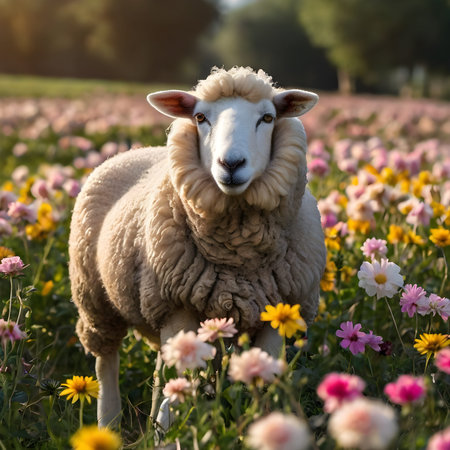 Sheep in a flower meadow with dahlias and daisiesの素材