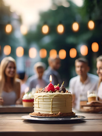 Birthday cake on a table in a cafe with people in the backgroundの素材