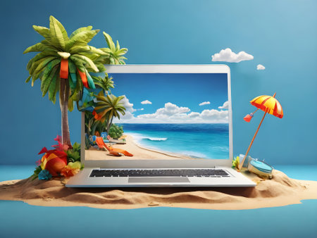 Laptop on the sand with tropical beach and palm trees in the backgroundの素材