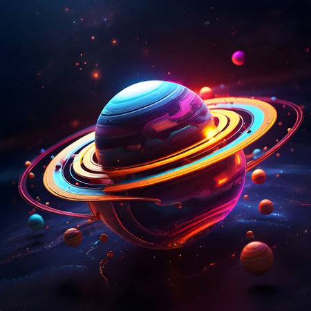 Saturn in outer space. Colorful abstract background. 3D renderingの素材
