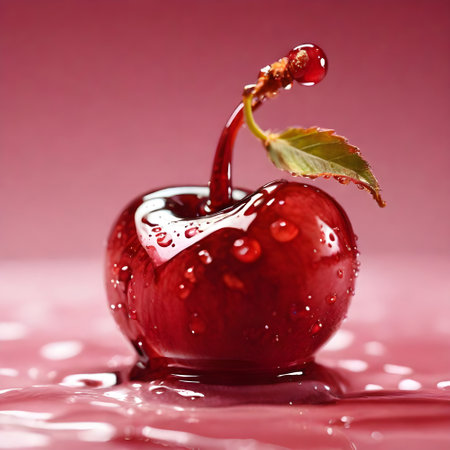cherry with water drops on a pink background, close-upの素材