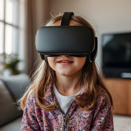 Little girl wearing virtual reality goggles in the living room at home.の素材
