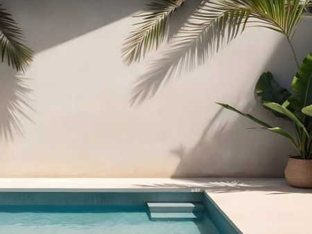 Swimming pool and palm leaf shadow on the wall. 3d renderingの素材