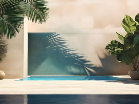 Swimming pool with palm leaves. 3d rendering. Mock upの素材