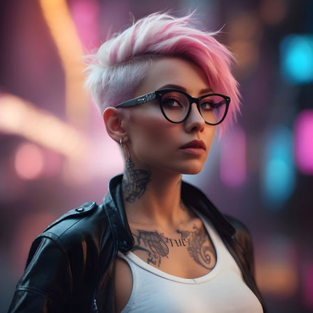 Portrait of a beautiful punk girl with pink hair and glasses.の素材