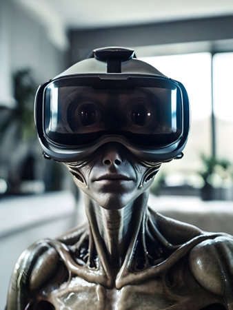 Close-up portrait of a female robot wearing virtual reality goggles.の素材