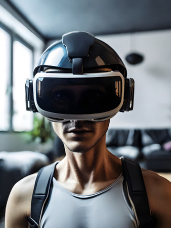 Portrait of a young man wearing virtual reality goggles in a roomの素材