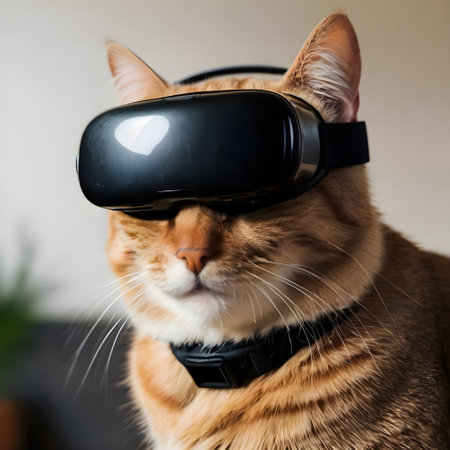 Cute ginger cat wearing a virtual reality headset. Selective focus.の素材