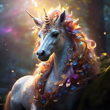 Unicorn in fairy forest. Fairytale scene. 3d renderingの素材