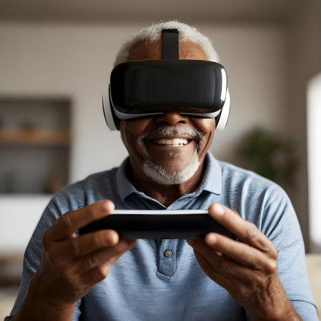 African american senior man using VR headset and playing video game at homeの素材