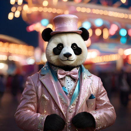 A giant panda in a pink jacket and bow tie at the amusement parkの素材