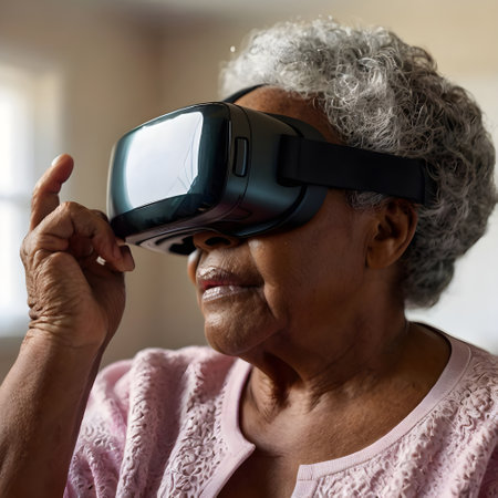 Senior woman using virtual reality headset in the living room at home.の素材