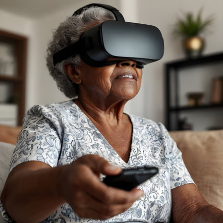 Elderly woman wearing virtual reality goggles while using a remote controlの素材