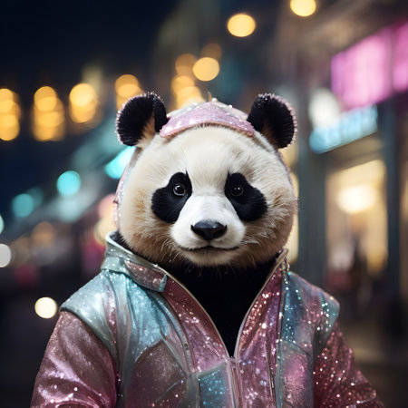 A giant panda in a pink raincoat on the background of the night cityの素材