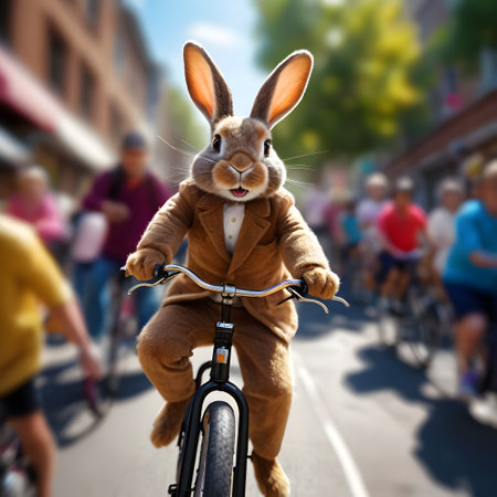 Rabbit riding a bicycle in the city. Easter holiday concept.の素材