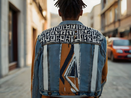 Rear view of stylish african american man with dreadlocks hairstyle wearing stylish jacket.の素材
