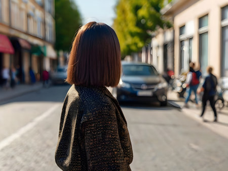 Back view of a young woman walking on the street in the cityの素材
