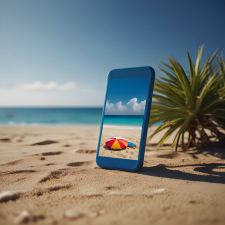 Smartphone with beach umbrella on the sand against blue sky over the seaの素材