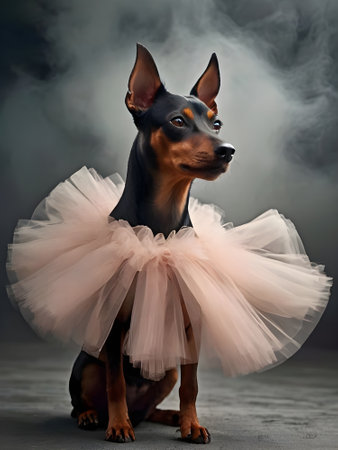 Doberman pinscher dog in ballet tutu on dark backgroundの素材
