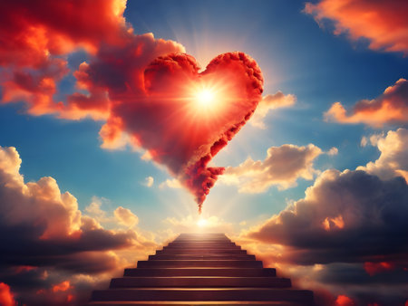 Conceptual image with heart shaped cloud against steps leading to heavenの素材