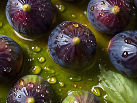 Fresh figs with water drops. Top view. Food background.の素材