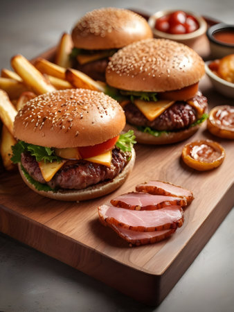 Hamburger with bacon and french fries on wooden board, closeupの素材