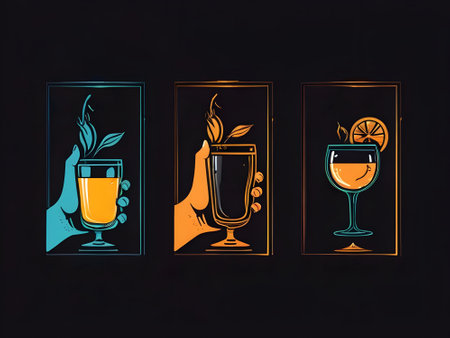 Hand holding a glass with a cocktail. Vector illustration on black background.の素材